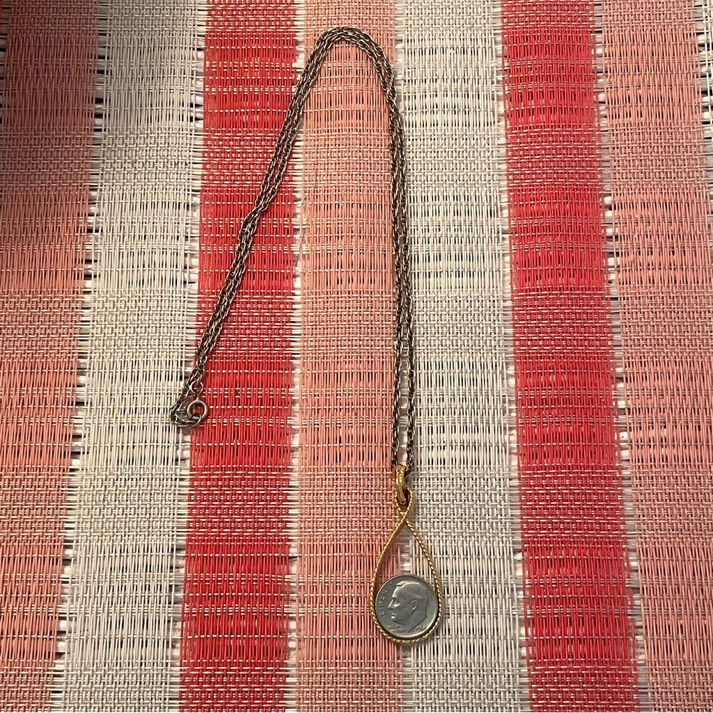 Vintage 1968 Dime Coin Pendant Costume Jewelry Necklace With 24 Chain